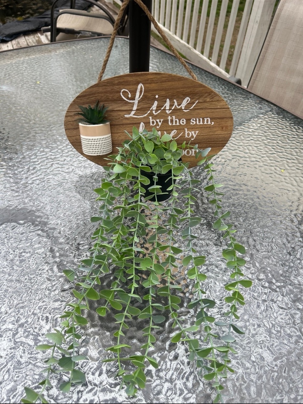 Rustic  Wall Plaque Live By the Sun Love by the Moon & hanging eucalyptus plant